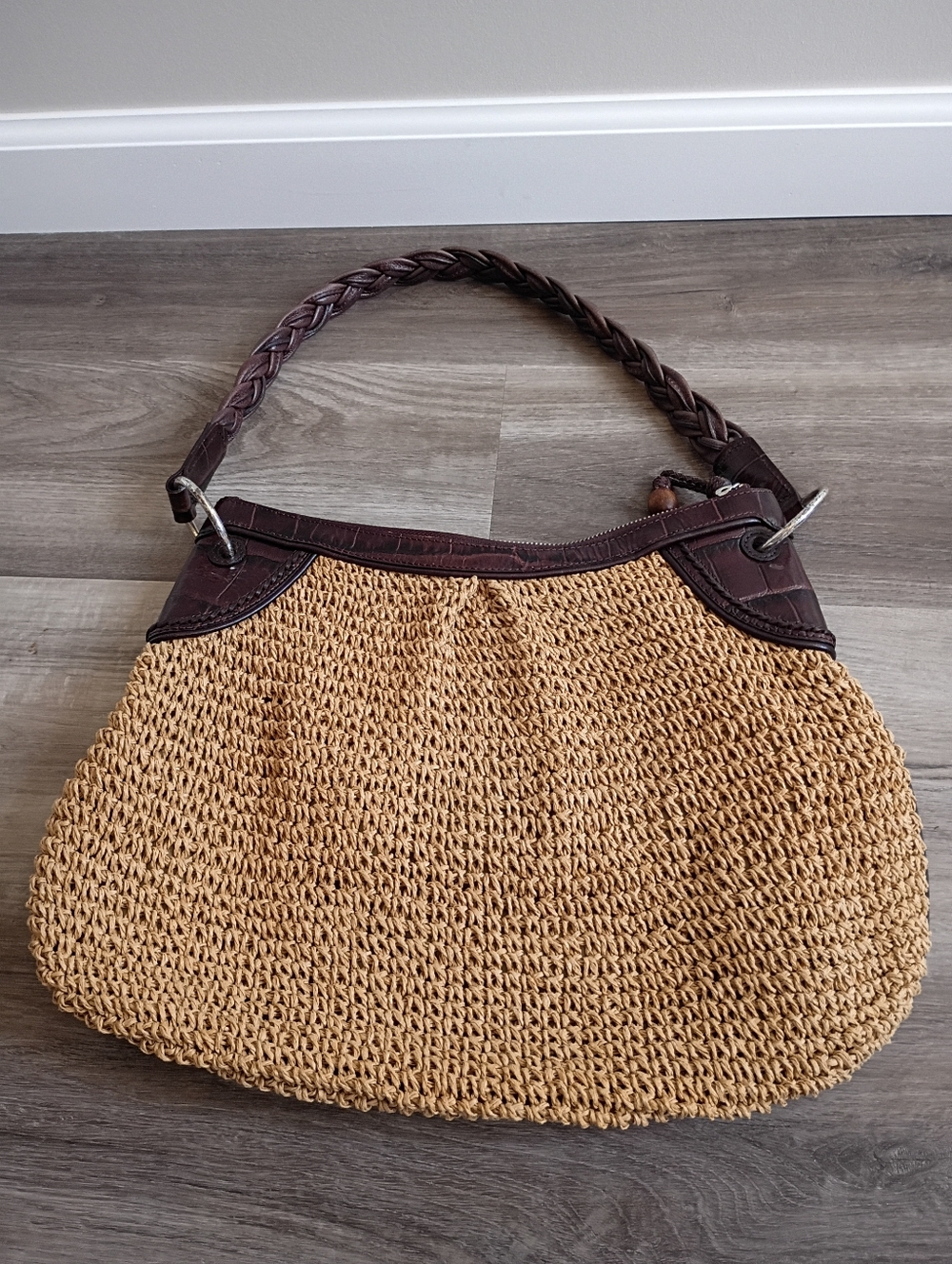 Brighton Y2K Raffia Woven Straw Brown Braided Leather Strap Shoulder Satchel Bag - Picture 2 of 6